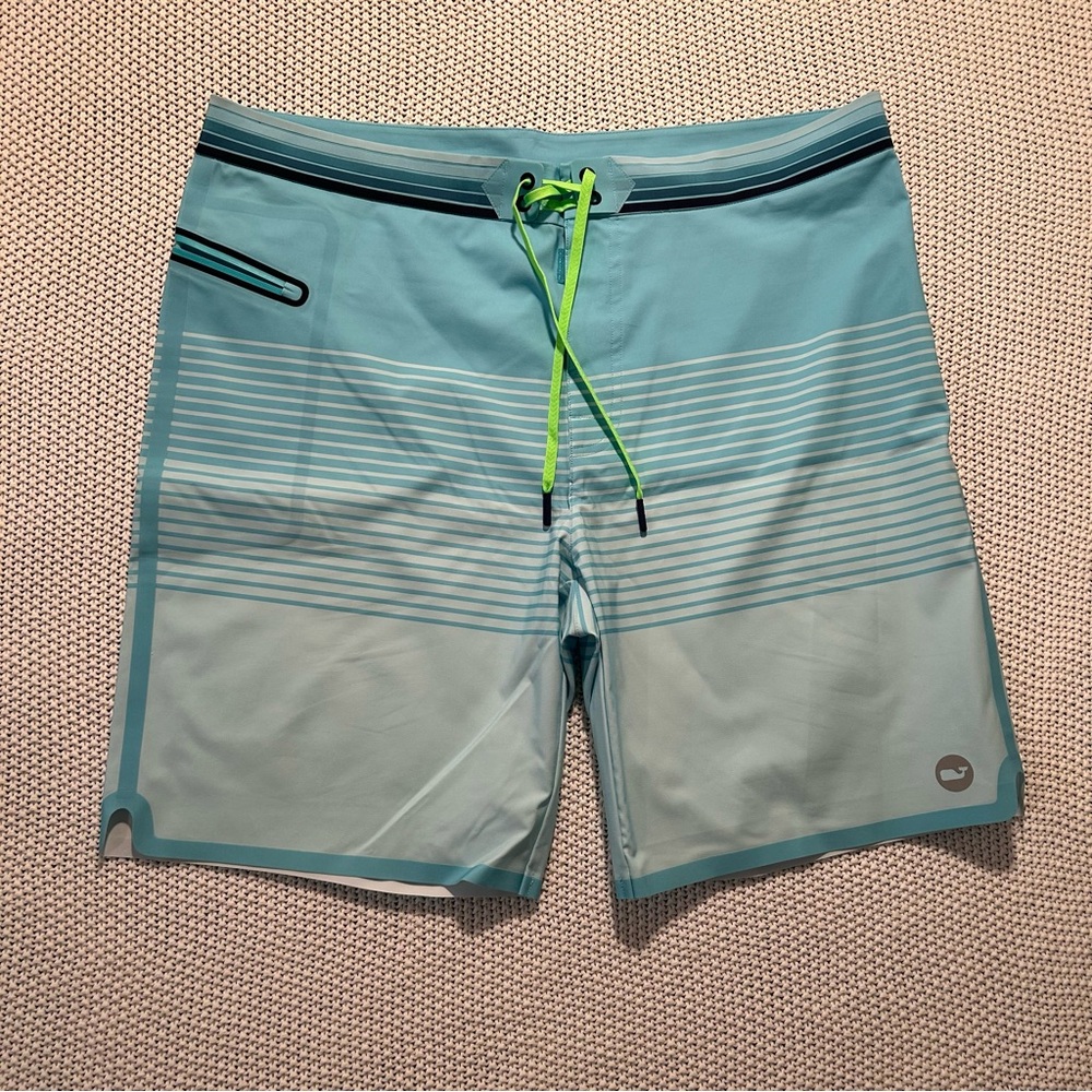 Vineyard Vines Aqua Swim Shorts with Neon Green Accents New Without Tags